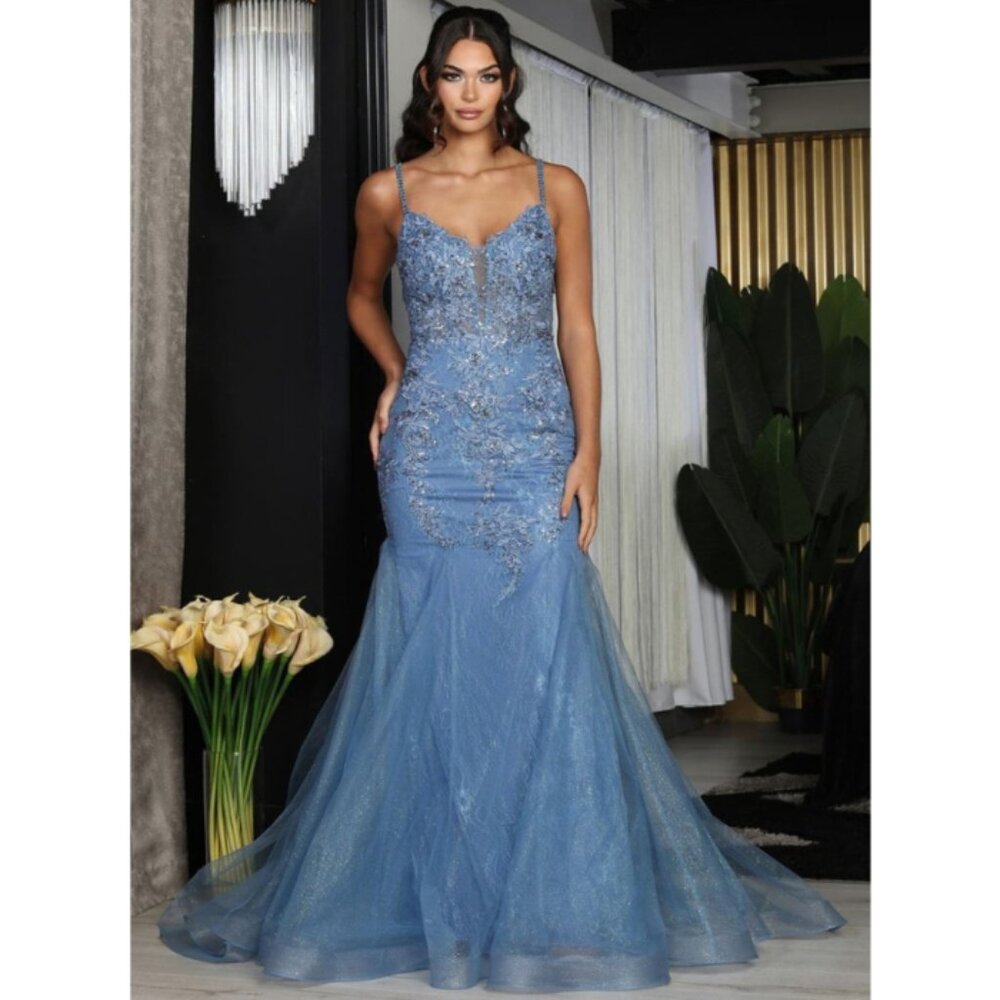 Dusty Blue Evening Long  V-Neck Sleeveless Trumpet Dress By Royal Queen RQ8039
